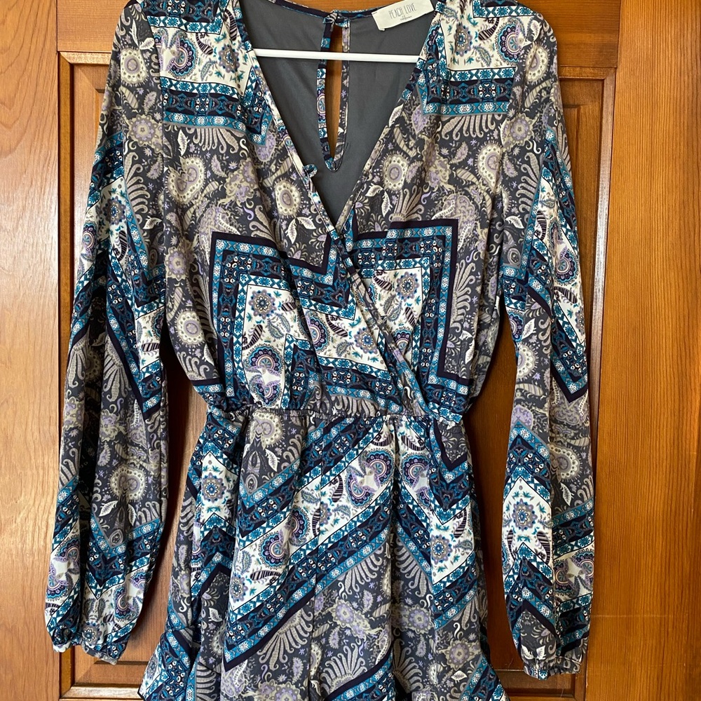 Purple and gray paisley romper
